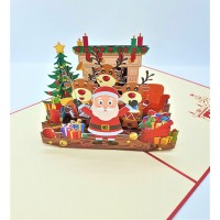 Handmade 3d Pop Up Card Happy Christmas Santa Claus Reindeer Fireplace Tree Gift Jingle Bells Candle Holly Star Socks Sofa Vintage Greetings Home Decorations